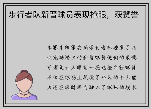 步行者队新晋球员表现抢眼，获赞誉