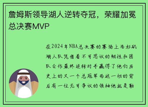 詹姆斯领导湖人逆转夺冠，荣耀加冕总决赛MVP