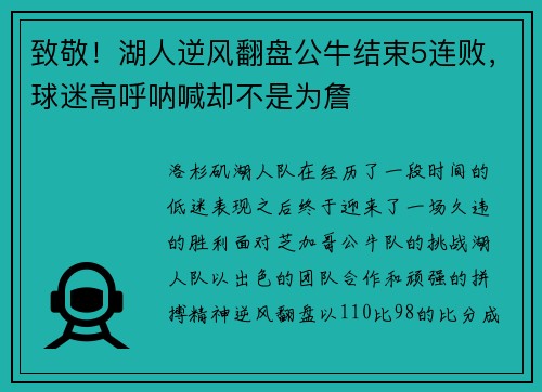 致敬！湖人逆风翻盘公牛结束5连败，球迷高呼呐喊却不是为詹