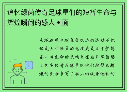 追忆绿茵传奇足球星们的短暂生命与辉煌瞬间的感人画面